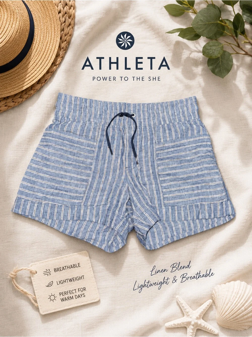 Athleta Linen Striped Pull-On Shorts Blue White Women’s Size 4 Pockets - Picture 1 of 9
